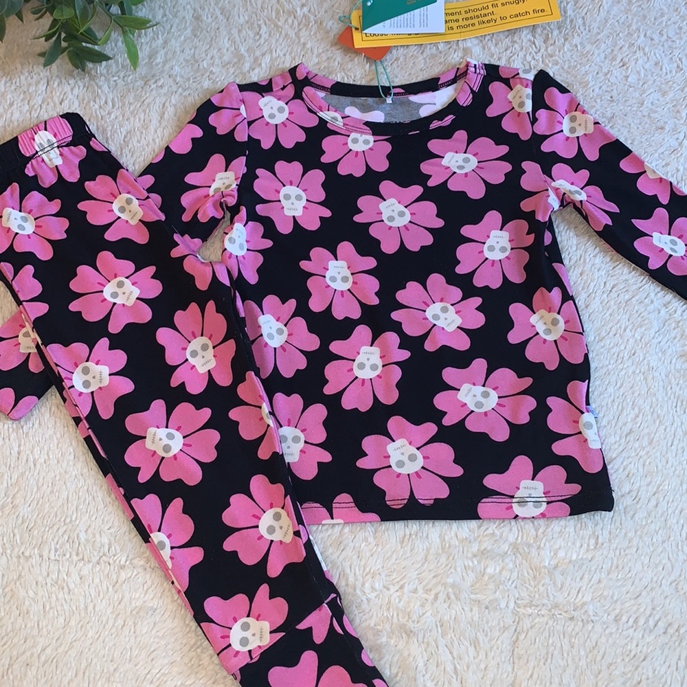 NWT Posh Peanut Winifred Skulls Flowers 2pc Pajama Set Loungewear Bamboo 18-24M